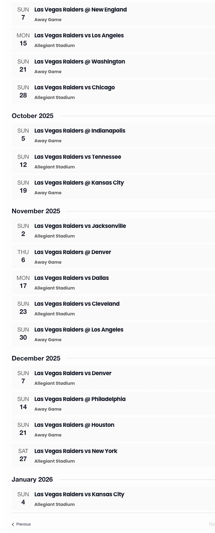 Las Vegas Raiders NFL Schedule